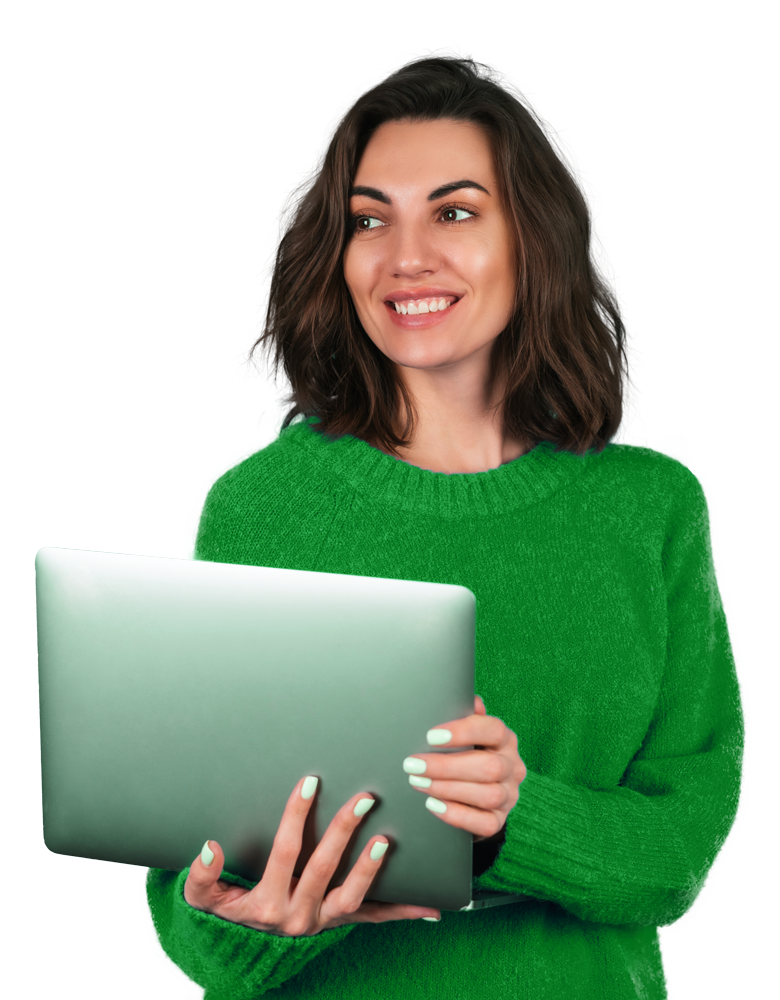 imagem de uma mulher vestindo verde segurando um notebook